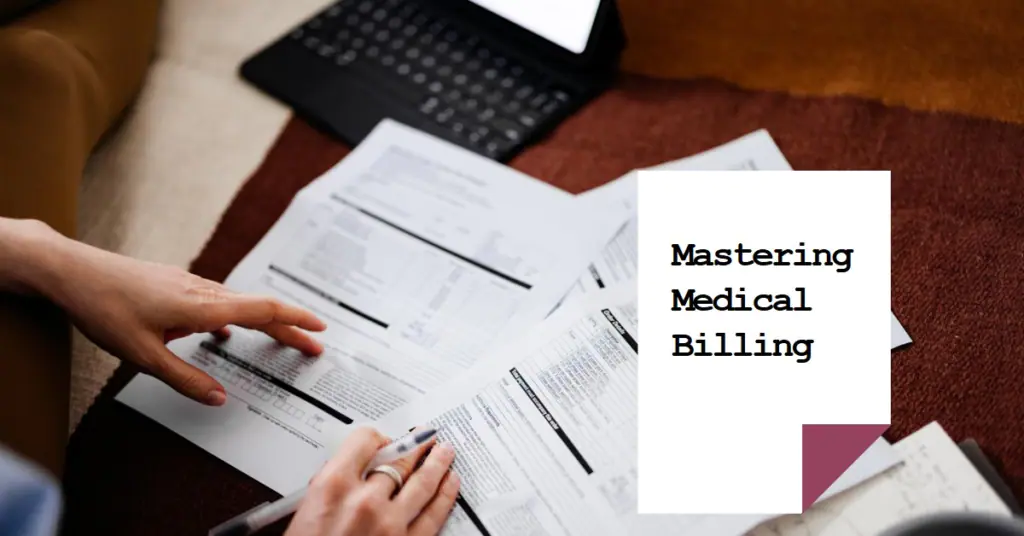 A person’s hands are visible, sorting through various papers and documents on a floor next to an open laptop. The papers appear to be related to medical billing, as indicated by the prominent text “Mastering Medical Billing” on one of the documents.