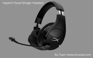 A black HyperX Cloud Stinger Headset with a prominent HyperX logo on the earcup, featuring an adjustable microphone on the left side.