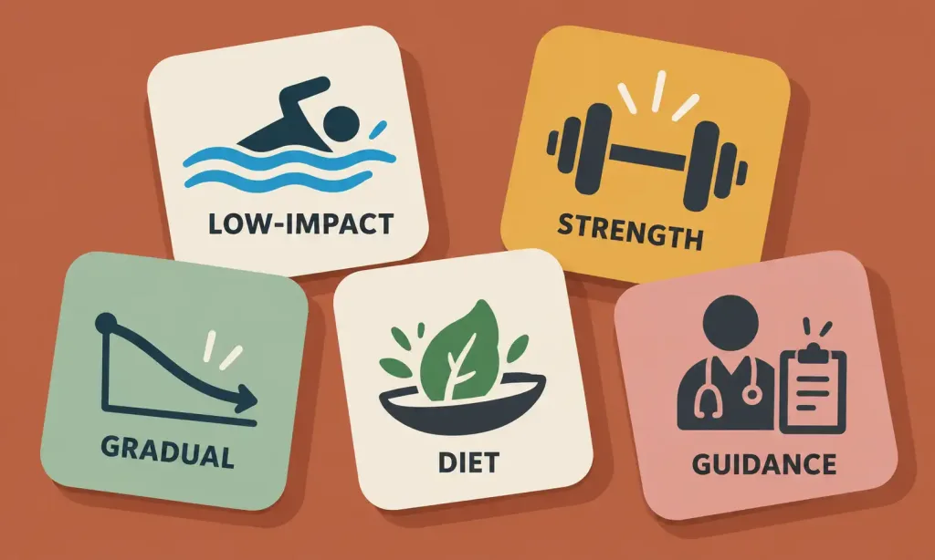 Will Weight Loss Help Knee Pain? 2 Illustration Of Five Labeled Cards Representing Low-Impact Exercise, Strength Training, Gradual Weight Loss, Anti-Inflammatory Diet, And Professional Guidance (Knee Pain)