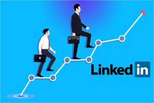Graphic illustration showing two figures climbing a staircase that morphs into an upward trending graph line ending with the LinkedIn logo, depicting growth in followers. #How to Grow LinkedIn Followers?