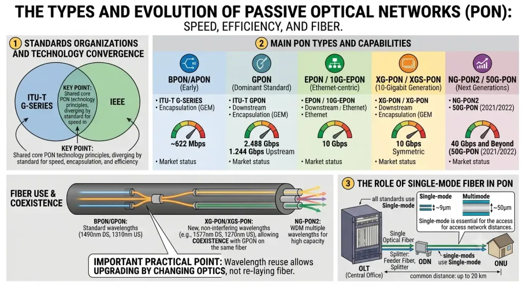 What Is A Passive Optical Network (Pon), And How Does It Work? (Updated 2026) 4 Pon Type What Is A Passive Optical Network (Pon), And How Does It Work? (Updated 2026)