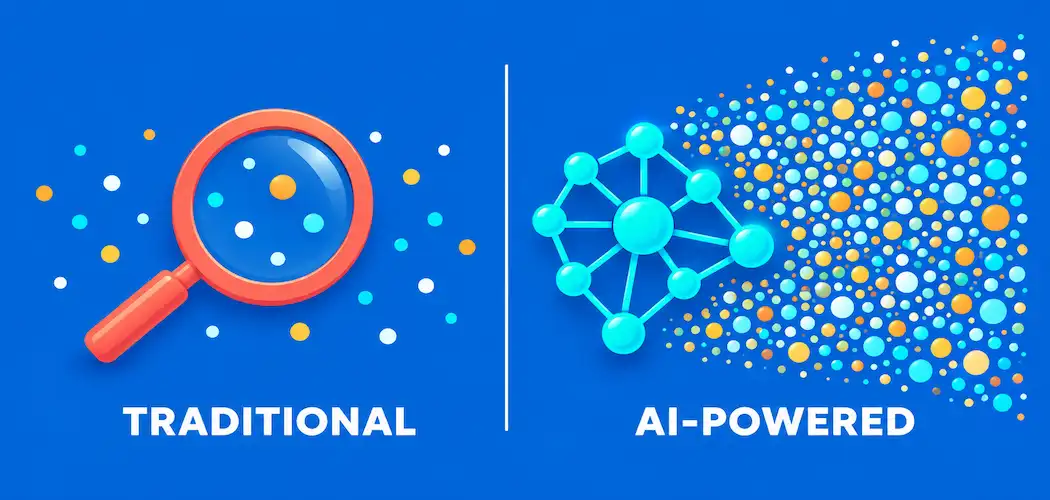 Traditional Vs. Ai Product Analytics: A Real Comparison 1 Illustration Contrasting A Magnifying Glass Over Sparse Data Points Labeled Traditional With A Neural Network Node Connected To Dense Data Points Labeled Ai-Powered