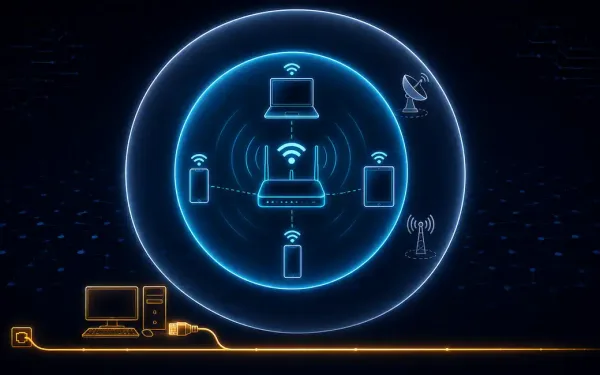 A Glowing Wlan Ring Containing A Brighter Inner Wi-Fi Circle With Connected Devices, Alongside A Separate Wired Ethernet Connection Representing The Real Wireless-Versus-Wired Comparison