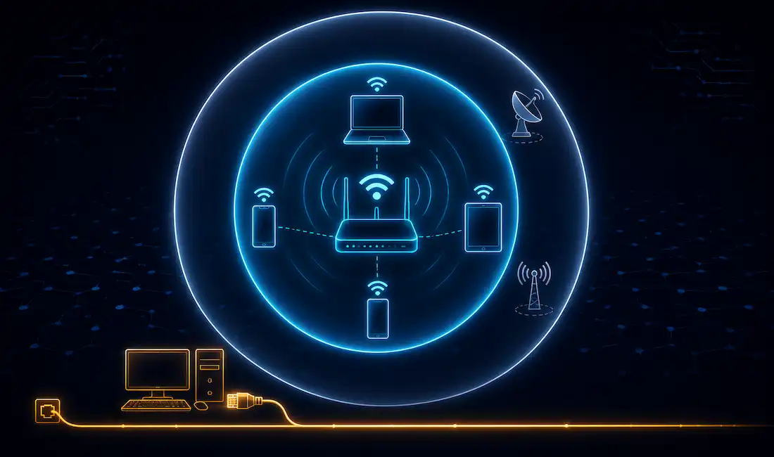 What Is A Wireless Lan (Wlan)? How It Relates To Wi-Fi 1 A Glowing Wlan Ring Containing A Brighter Inner Wi-Fi Circle With Connected Devices, Alongside A Separate Wired Ethernet Connection Representing The Real Wireless-Versus-Wired Comparison