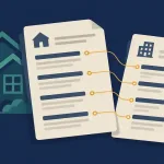 What Is Reconciliation Software, And How Does It Help The Real Estate Industry? 13 Illustration Of Two Overlapping Ledger Documents Connected By Matching Lines, One Flagged With A Discrepancy, Set Against A Subtle Property Outline