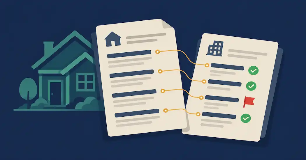 What Is Reconciliation Software, And How Does It Help The Real Estate Industry? 1 Illustration Of Two Overlapping Ledger Documents Connected By Matching Lines, One Flagged With A Discrepancy, Set Against A Subtle Property Outline