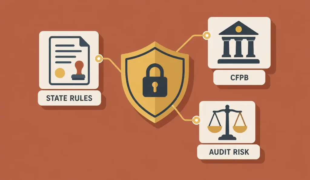 What Is Reconciliation Software, And How Does It Help The Real Estate Industry? 2 Illustration Of A Shield Surrounded By Labeled Icons For State Rules, Cfpb Compliance, And Audit Risk, Representing The Compliance Drivers Behind Real Estate Reconciliation