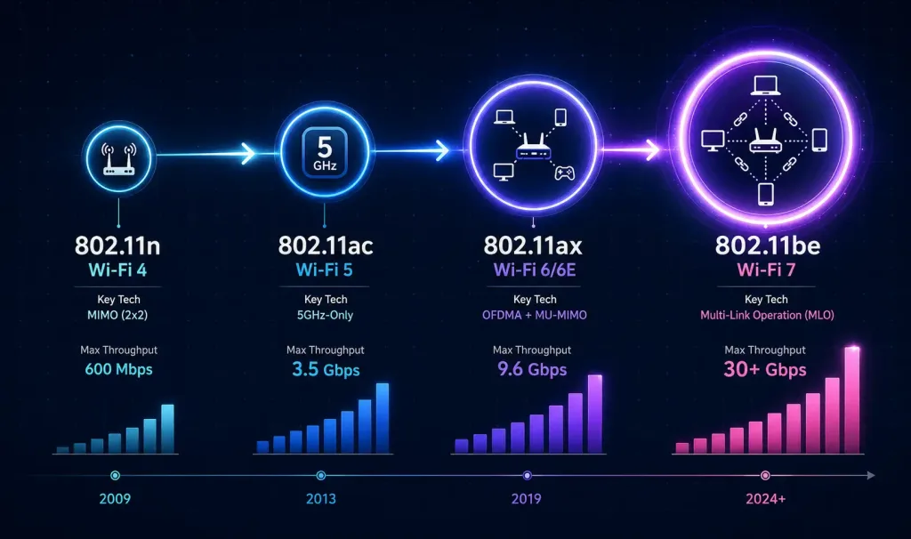 What Is A Wireless Lan (Wlan)? How It Relates To Wi-Fi 3 Horizontal Timeline Showing Wi-Fi'S Generational Progression From 802.11N Through Wi-Fi 7, With Growing Speed And Capability At Each Stage