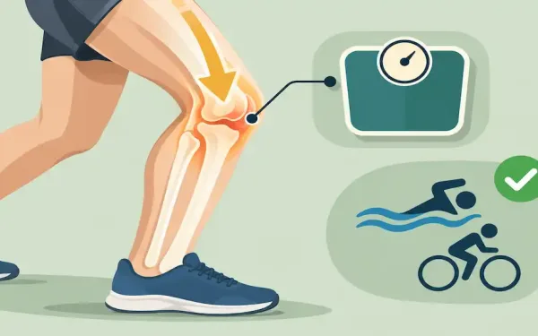 Illustration Of A Knee Joint With A Force Arrow Linked To A Weight Scale Icon, Alongside A Low-Impact Exercise Icon