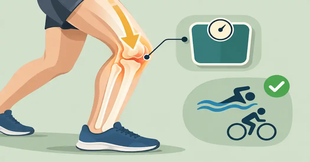 Illustration Of A Knee Joint With A Force Arrow Linked To A Weight Scale Icon, Alongside A Low-Impact Exercise Icon