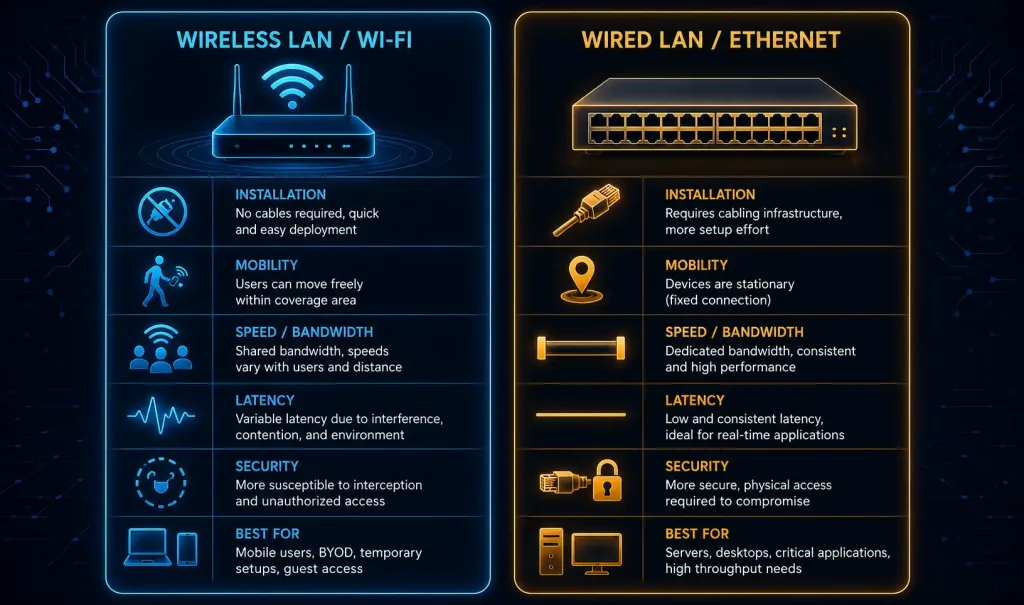 What Is A Wireless Lan (Wlan)? How It Relates To Wi-Fi 2 Two-Column Comparison Of Wireless Lan And Wired Lan Across Installation, Mobility, Speed, Latency, Security, And Best-Use Case