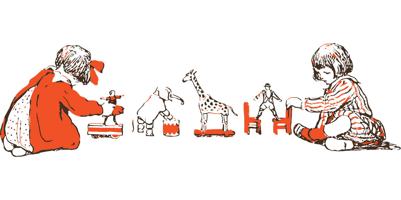Two children playing with a variety of kids’ toys, including a giraffe figure, blocks, and a toy drum set.