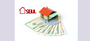A miniature house on top of spread-out US dollar bills with an upward-pointing red arrow and ‘SELL’ text symbolizing property sale readiness.