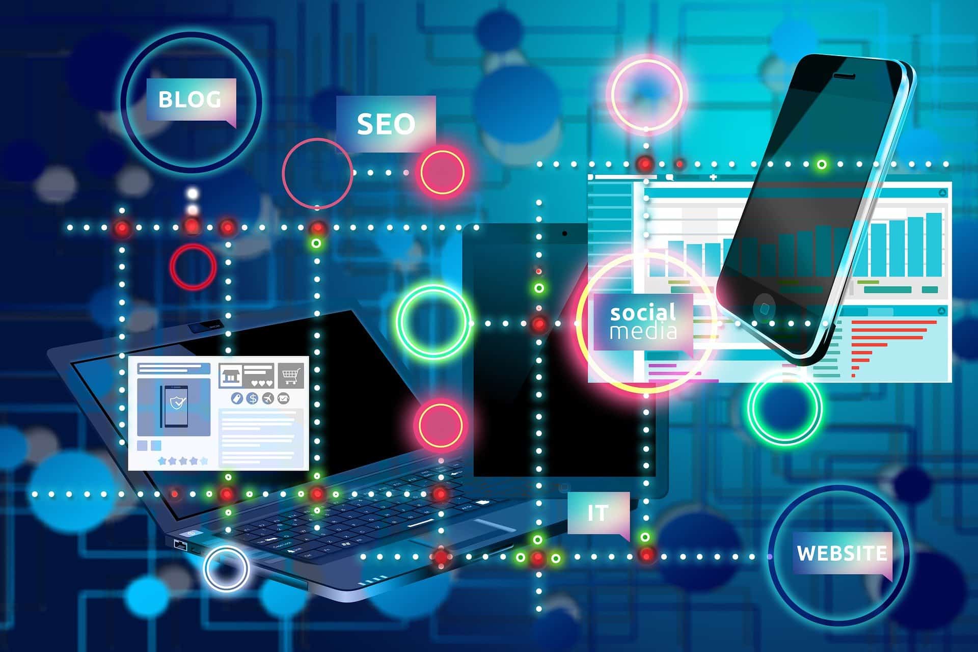 Business Website : A digital collage representing various elements of online marketing and information technology, featuring a laptop, smartphone, and icons for blog, SEO, social media, IT, and website against a backdrop of a circuit board and floating digital spheres.