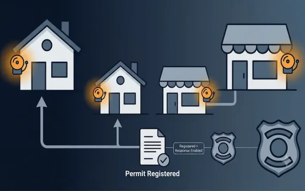 House And Commercial Building Icons Each With An Alarm Bell, Connected To A Registered Permit Document With A Checkmark, Linked To A Police Response Shield Icon