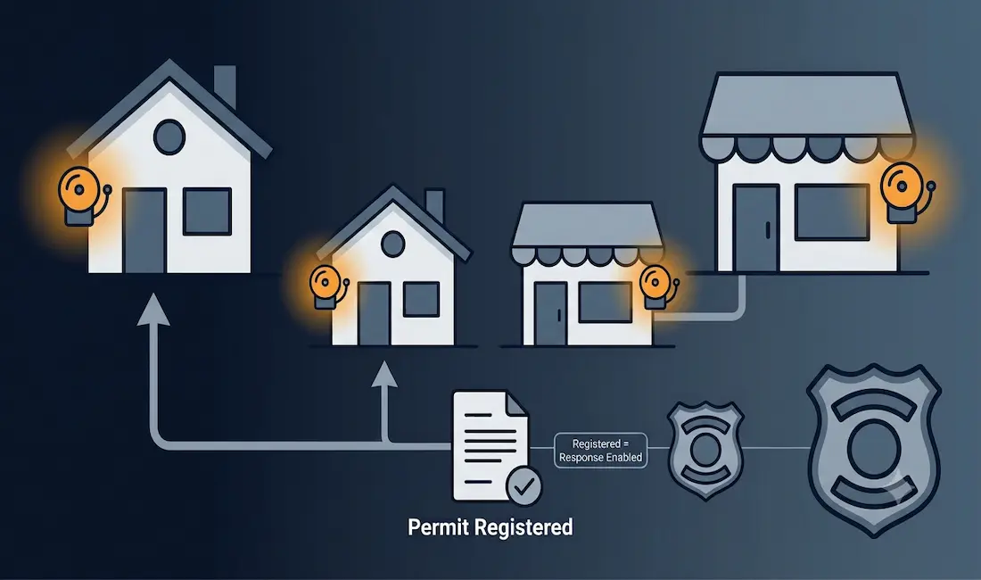 Obtaining An Alarm Permit In Austin, Texas 1 House And Commercial Building Icons Each With An Alarm Bell, Connected To A Registered Permit Document With A Checkmark, Linked To A Police Response Shield Icon