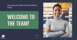 A promotional graphic with ‘WELCOME TO THE TEAM!’ in bold letters next to an individual with crossed arms looking towards an office space, symbolizing new hire integration.