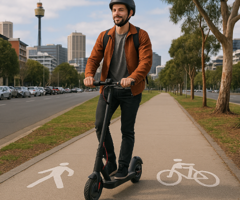Electric Scooter Rider On A Shared Path In Urban Australia Complying With 2025 Laws