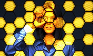 A stylized honeycomb pattern with a blurred central rectangle, symbolizing the search for emerging cryptocurrency projects.