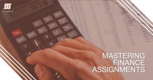 A hand holding a pen over a calculator with financial documents underneath, indicating preparation for mastering finance assignments.