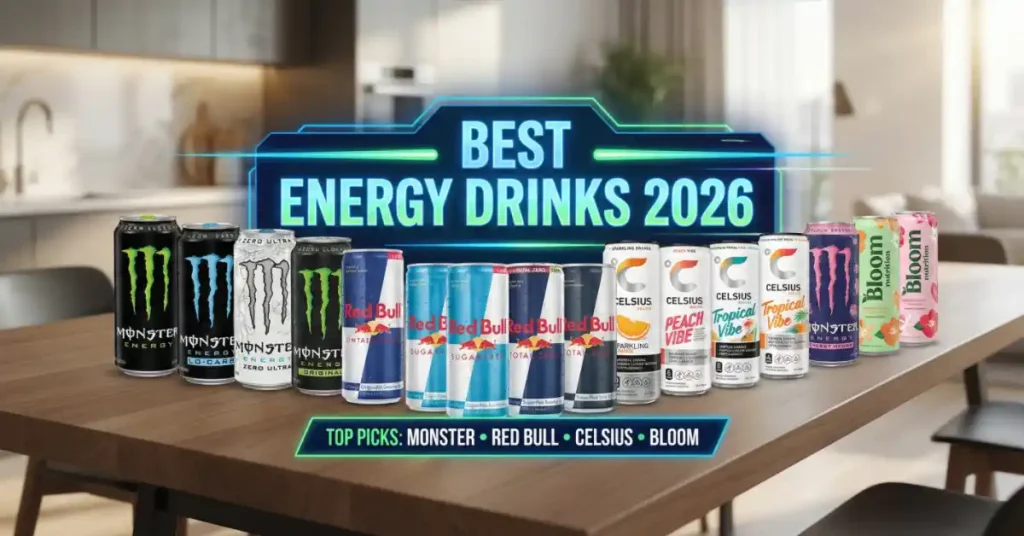 Various popular energy drink cans including Monster, Red Bull, Celsius, and Bloom displayed on table showing best energy drink options for 2026