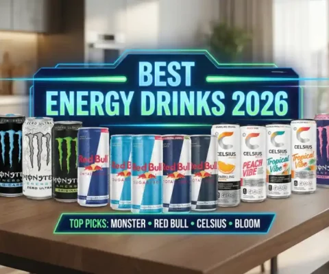 Various Popular Energy Drink Cans Including Monster, Red Bull, Celsius, And Bloom Displayed On Table Showing Best Energy Drink Options For 2026