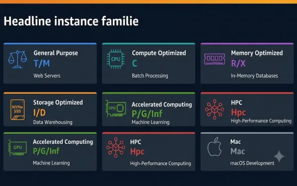 Infographic Showing All Seven Aws Ec2 Instance Families — General Purpose, Compute Optimized, Memory Optimized, Storage Optimized, Accelerated Computing, Hpc, And Mac — With Use Cases