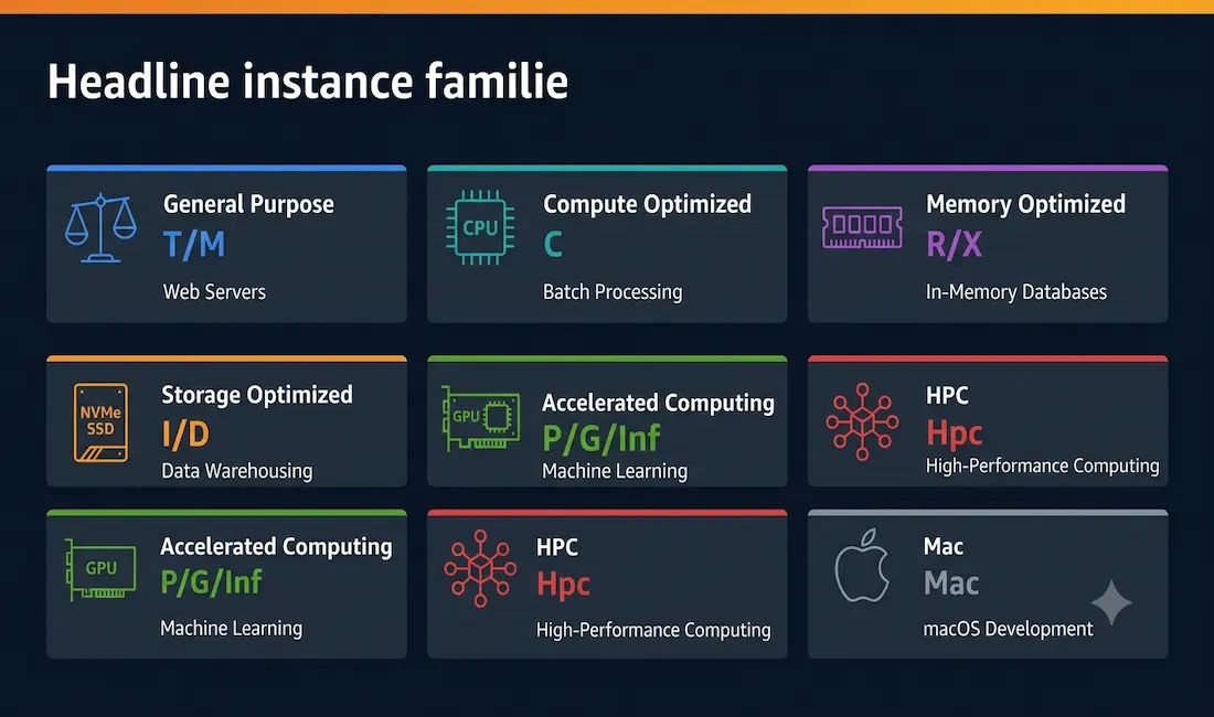 Infographic Showing All Seven Aws Ec2 Instance Families — General Purpose, Compute Optimized, Memory Optimized, Storage Optimized, Accelerated Computing, Hpc, And Mac — With Use Cases