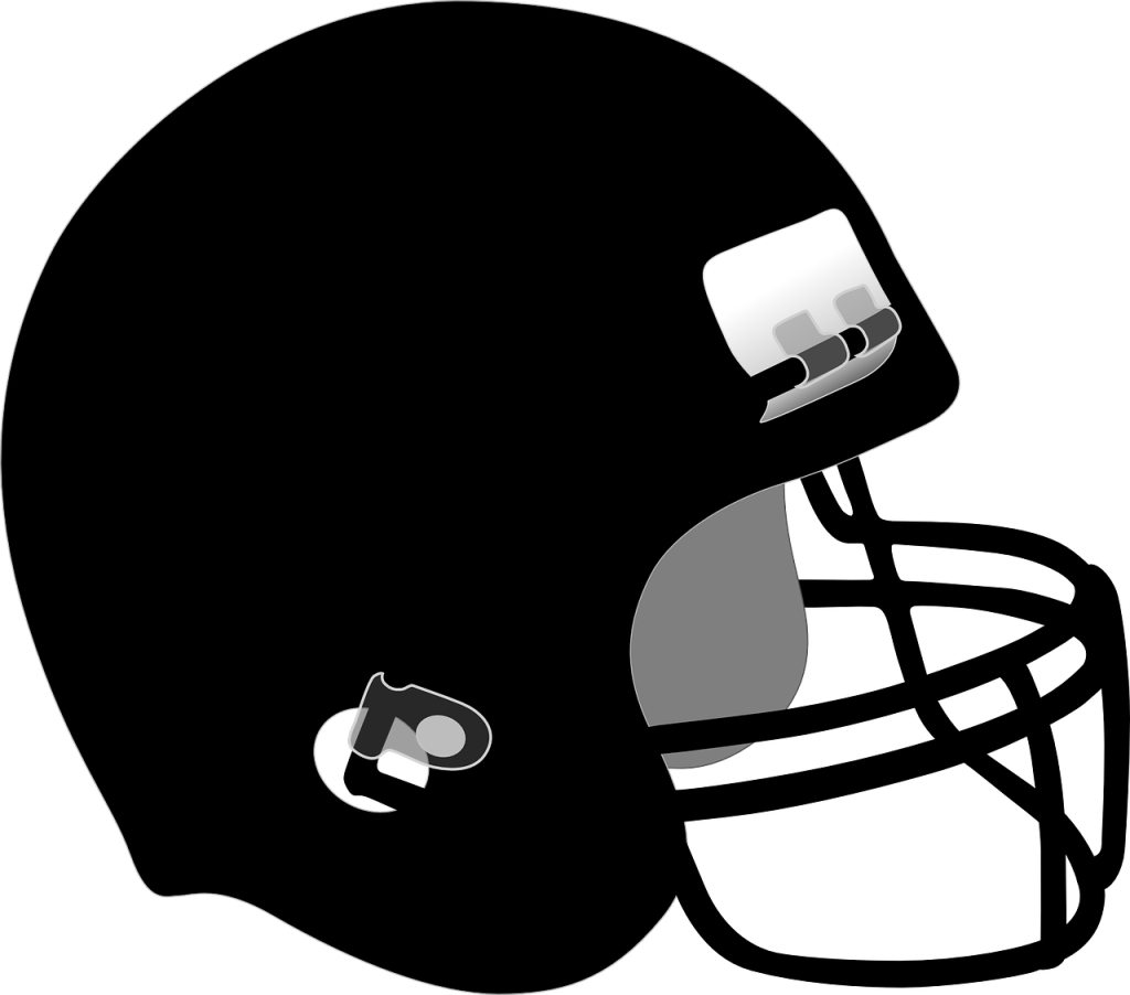 A black and white illustration of a side view of an American football helmet The helmet is predominantly black with highlights and shading indicating its glossy texture It features a gray face mask attached to the front a white chin strap on the side and a small rectangular visor attachment at the top of the eye opening