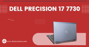 Dell Precision 17 7730 laptop displayed open on a patterned red background with model name highlighted at top.