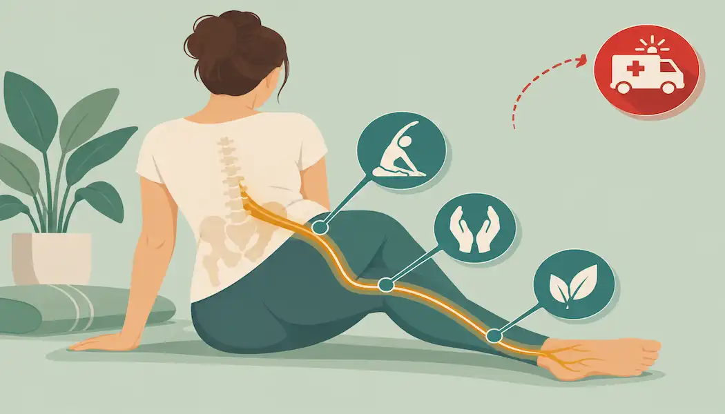 5 Natural Ways To Alleviate Sciatic Pain And Live Pain-Free 1 Illustration Of A Seated Figure With The Sciatic Nerve Path Traced From Lower Back To Leg, Alongside Icons For Stretching, Massage, And Natural Remedies