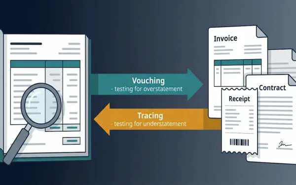 Financial Ledger Connected To Source Documents By Two Opposite-Direction Arrows, One Labeled Vouching Working Backward From Ledger To Documents To Test Overstatement, And One Labeled Tracing Working Forward From Documents To Ledger To Test Understatement