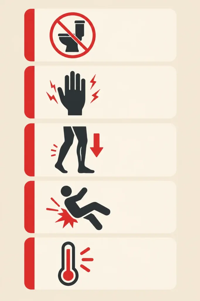 5 Natural Ways To Alleviate Sciatic Pain And Live Pain-Free 2 Checklist Illustration Of Five Warning Signs Requiring Emergency Care For Sciatic Pain: Loss Of Bladder Or Bowel Control, Saddle Numbness, Progressive Leg Weakness, Injury-Related Pain, And Fever