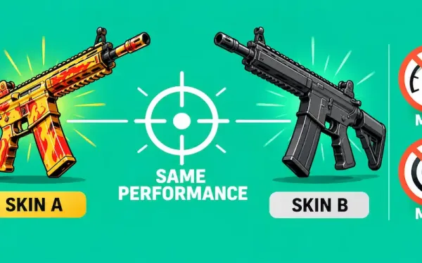 Illustration Of Two Visually Different But Mechanically Identical Weapon Skins Labeled Same Performance, With Crossed-Out Speed And Accuracy Icons Debunking The Myth That Skins Affect Gameplay