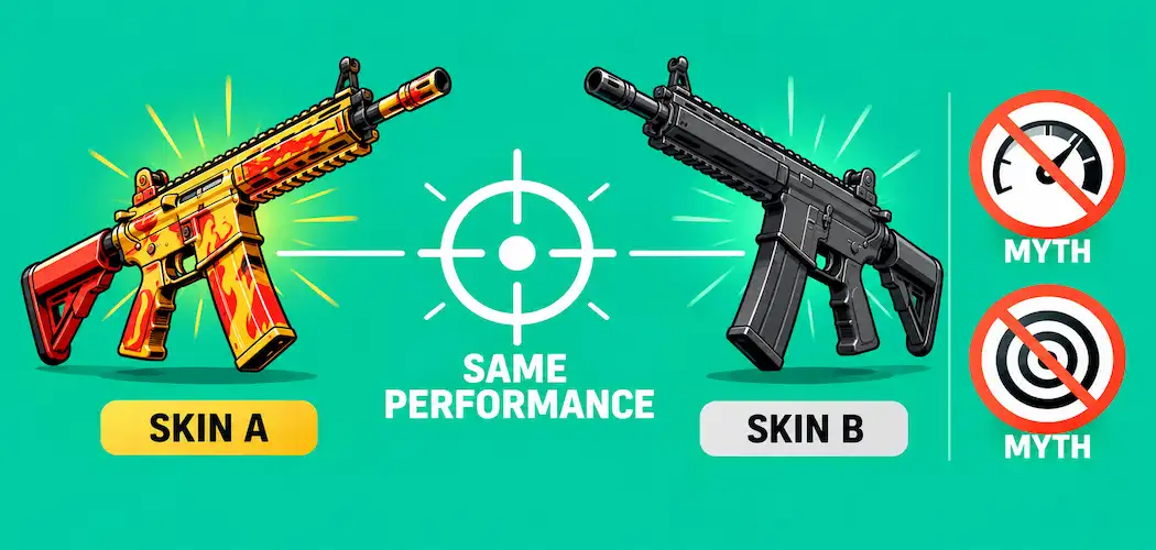 Cs2 Skins And Prime Status: What They Actually Do (And What They Don'T) 1 Illustration Of Two Visually Different But Mechanically Identical Weapon Skins Labeled Same Performance, With Crossed-Out Speed And Accuracy Icons Debunking The Myth That Skins Affect Gameplay