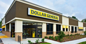 Exterior view of a Dollar General store with a prominent yellow and black sign.
