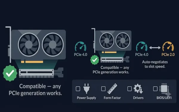 Graphics Card Connecting To A Motherboard Pcie Slot With A Compatible Checkmark Badge, Showing Pcie 4.0 And Pcie 2.0 Speed Gauges Connected By An Auto-Negotiation Arrow, Alongside A Four-Item Checklist For Power Supply, Form Factor, Drivers, And Bios/Uefi