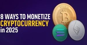 Vibrant purple banner featuring physical-style 3D coins of Bitcoin (BTC), Ethereum (ETH), and Solana (SOL) with bold white and yellow text reading "8 WAYS TO MONETIZE CRYPTOCURRENCY in 2025" – ideal for articles on crypto portfolio income strategies.