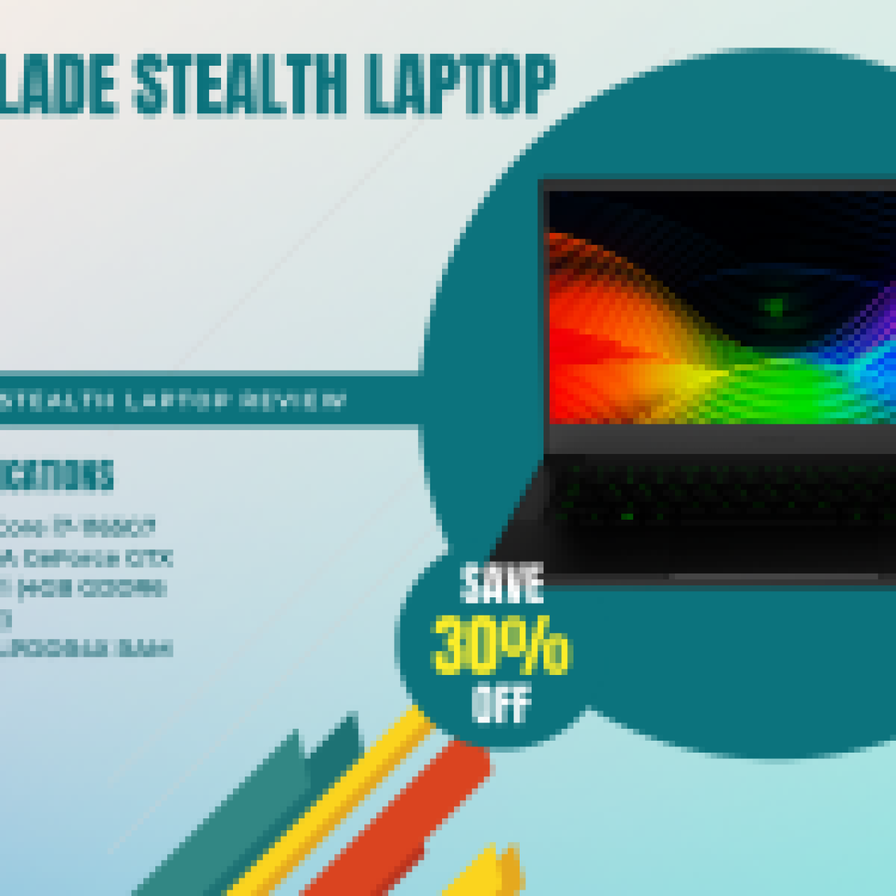 Razer Blade Stealth Laptop promotional graphic highlighting key specifications such as Intel Core i7-1165G7 CPU, NVIDIA GeForce GTX 1650 Ti GPU, and 16GB LPDDR4X memory with a colorful keyboard backlight.