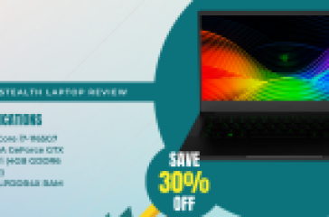 Razer Blade Stealth Laptop promotional graphic highlighting key specifications such as Intel Core i7-1165G7 CPU, NVIDIA GeForce GTX 1650 Ti GPU, and 16GB LPDDR4X memory with a colorful keyboard backlight.