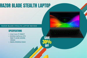 Razer Blade Stealth Laptop promotional graphic highlighting key specifications such as Intel Core i7-1165G7 CPU, NVIDIA GeForce GTX 1650 Ti GPU, and 16GB LPDDR4X memory with a colorful keyboard backlight.