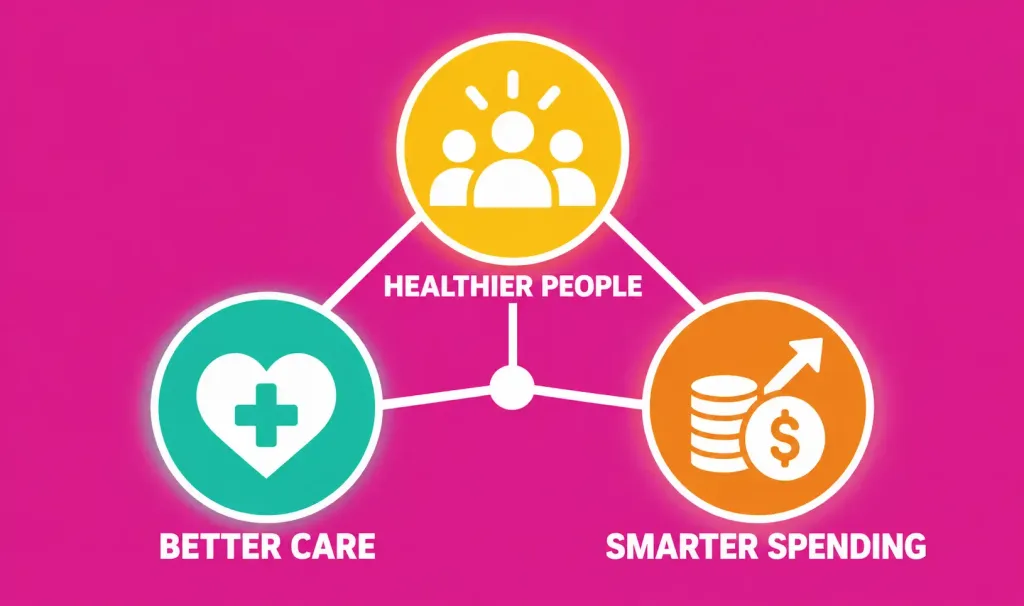 What Is Pcnok? Oklahoma'S Largest Primary Care Network, Explained 2 Illustration Of Three Labeled Badges Reading Better Care, Healthier People, And Smarter Spending, Connected In A Triangle