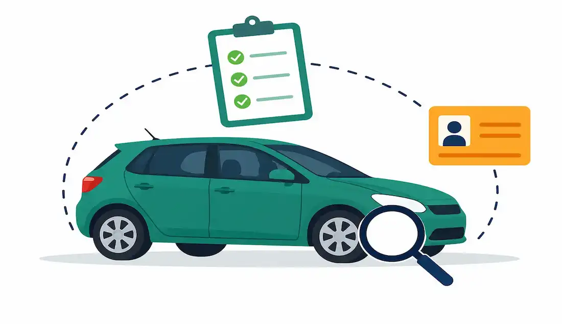 Checklist For Finding A Reliable Used Car For Sale In Dubai 1 Illustration Of A Car With A Checklist Clipboard, A Registration Card Icon, And A Magnifying Glass, Representing Used Car Inspection And Documentation