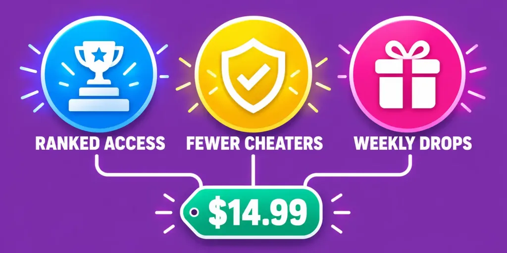Cs2 Skins And Prime Status: What They Actually Do (And What They Don'T) 2 Illustration Of Three Labeled Badges Reading Ranked Access, Fewer Cheaters, And Weekly Drops, Connected To A $14.99 Price Tag
