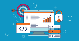 Illustration of computer monitor displaying performance charts with target arrow and security padlock symbols representing website optimisation.