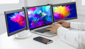 Slideable triple monitors setup for laptops enhancing screen space and productivity