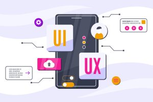 Illustration of a smartphone with various UI/UX design elements.