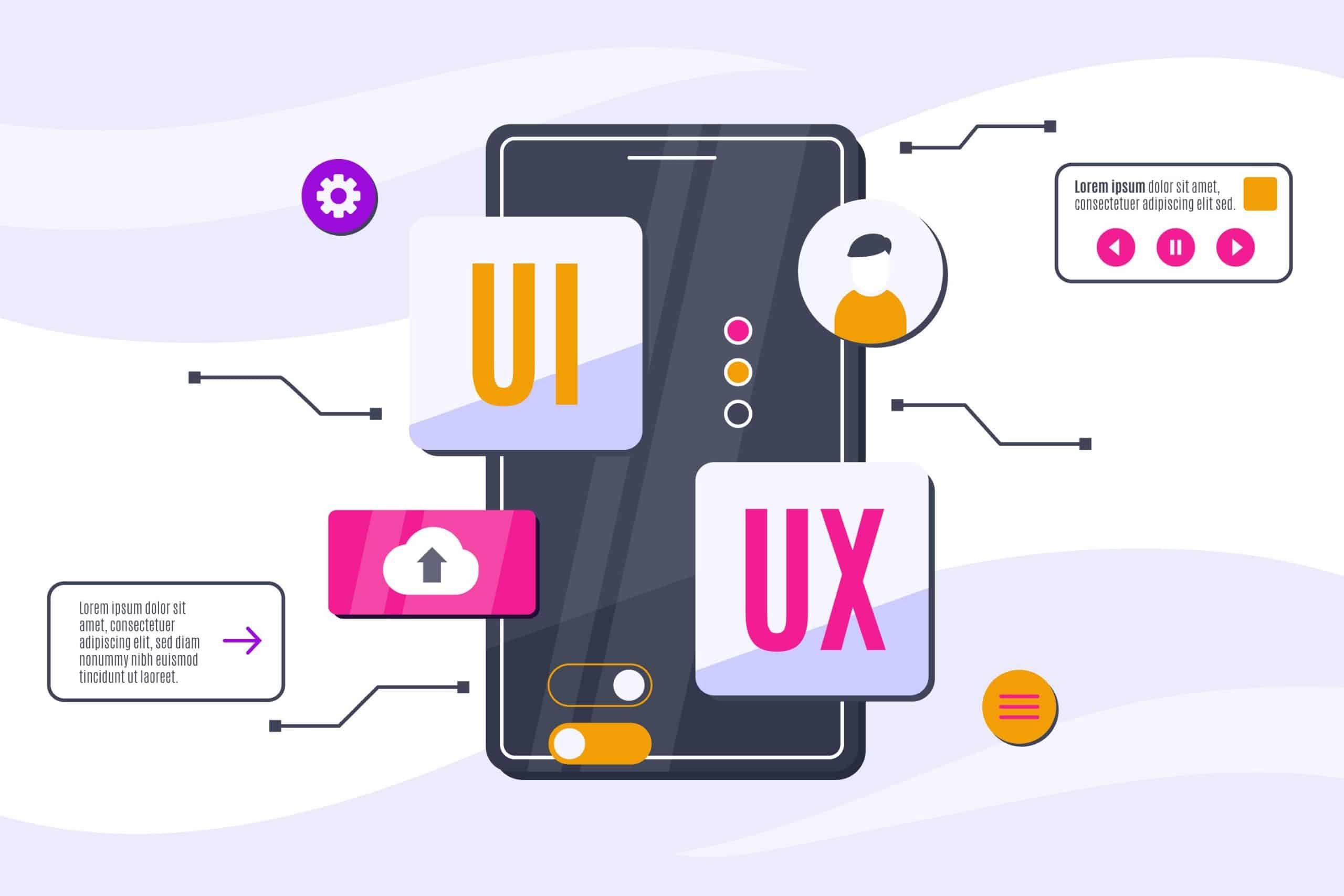 Illustration of a smartphone with various UI/UX design elements.