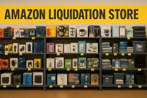 Interior of an Amazon liquidation store showing shelves stocked with discounted products like electronics and home goods