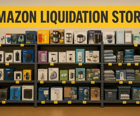 Interior Of An Amazon Liquidation Store Showing Shelves Stocked With Discounted Products Like Electronics And Home Goods